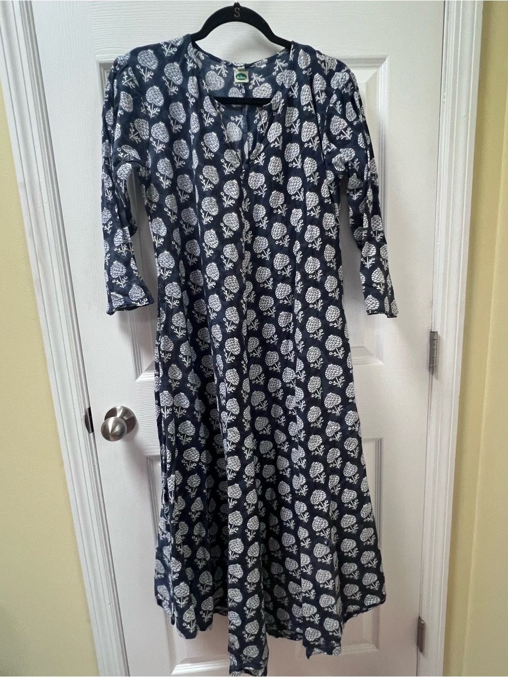 Dolma Thistle Block Print Cotton Dress Navy Blue Coastal Cottagecore Slits M